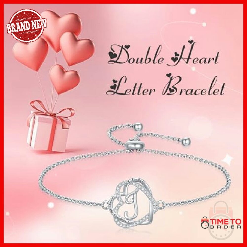 Sterling Silver Double Heart Initial Bracelet Adj… - image 4